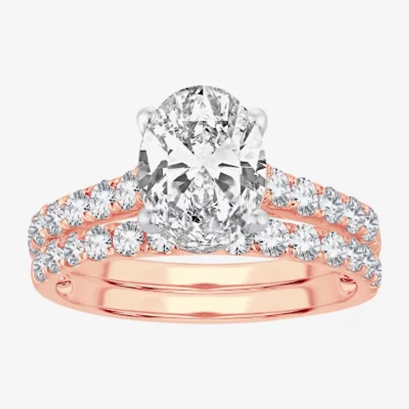 F-G/ Vs2-Si1) Womens CT. T.W. Lab Grown White Diamond 14K Rose Gold Oval Side Stone Bridal Set