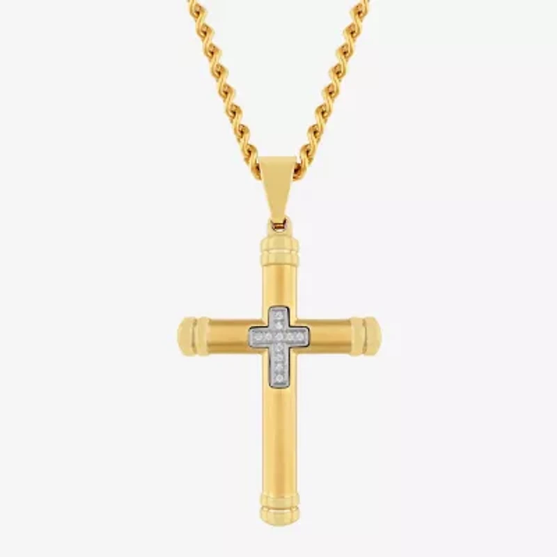 Mens Genuine White Diamond Stainless Steel Cross Rectangular Pendant