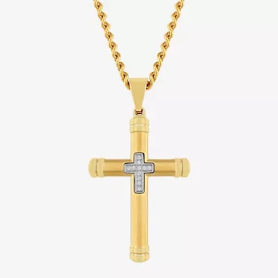 Mens Genuine White Diamond Stainless Steel Cross Rectangular Pendant