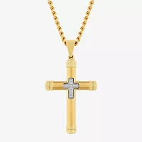 Mens Genuine White Diamond Stainless Steel Cross Rectangular Pendant