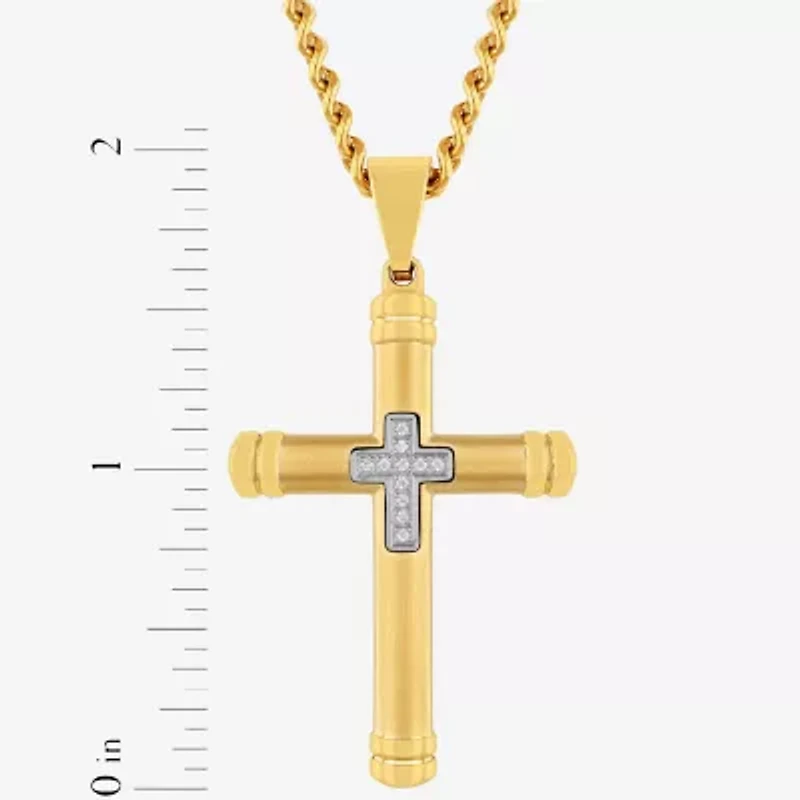 Mens Genuine White Diamond Stainless Steel Cross Rectangular Pendant