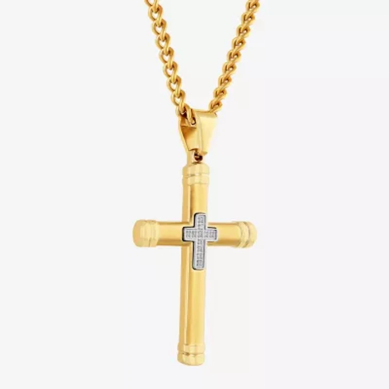 Mens Genuine White Diamond Stainless Steel Cross Rectangular Pendant