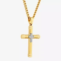 Mens Genuine White Diamond Stainless Steel Cross Rectangular Pendant
