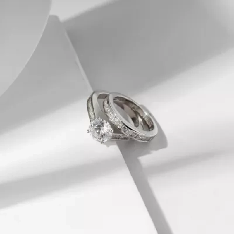 Diamonart Womens Cubic Zirconia Sterling Silver Round Side Stone Engagement Ring