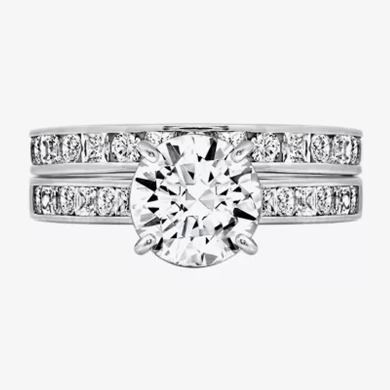 Diamonart Womens Cubic Zirconia Sterling Silver Round Side Stone Engagement Ring