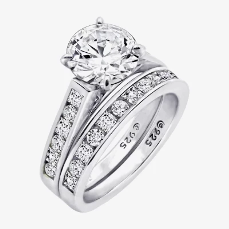 Diamonart Womens Cubic Zirconia Sterling Silver Round Side Stone Engagement Ring