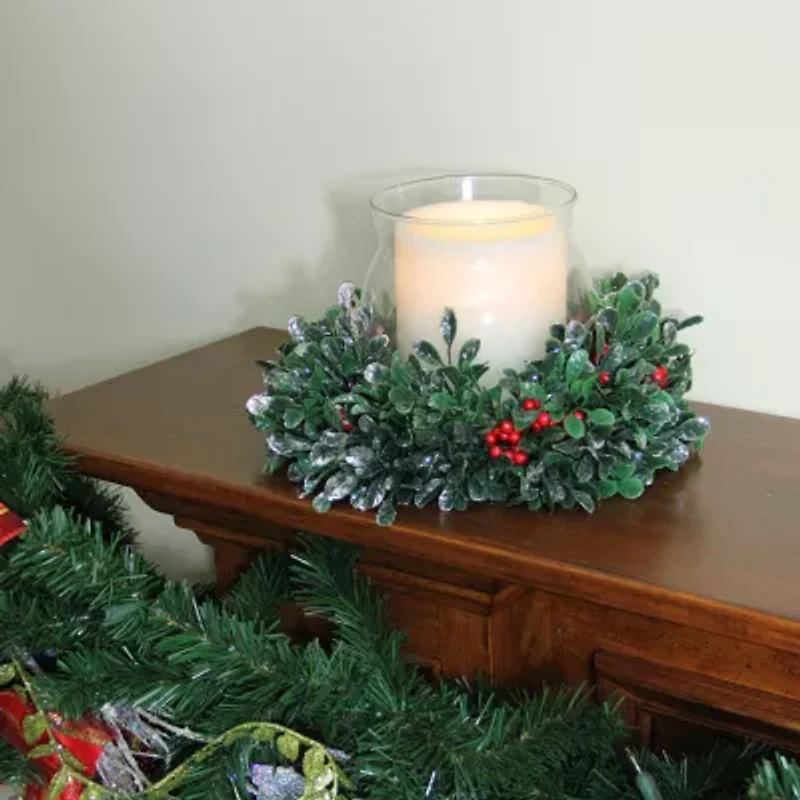 6'' Clear and Green Boxwood with Berry Tipped Christmas Hurricane Pillar Candle Holder