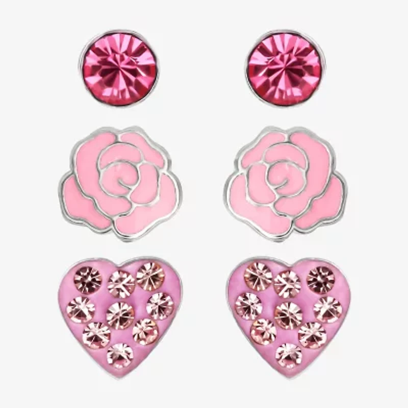 Girls Pink Crystal Sterling Silver Flower Heart Round 3 Pair Earring Set