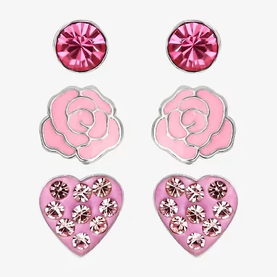 Girls Pink Crystal Sterling Silver Flower Heart Round 3 Pair Earring Set
