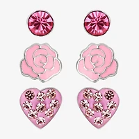 Girls Pink Crystal Sterling Silver Flower Heart Round 3 Pair Earring Set
