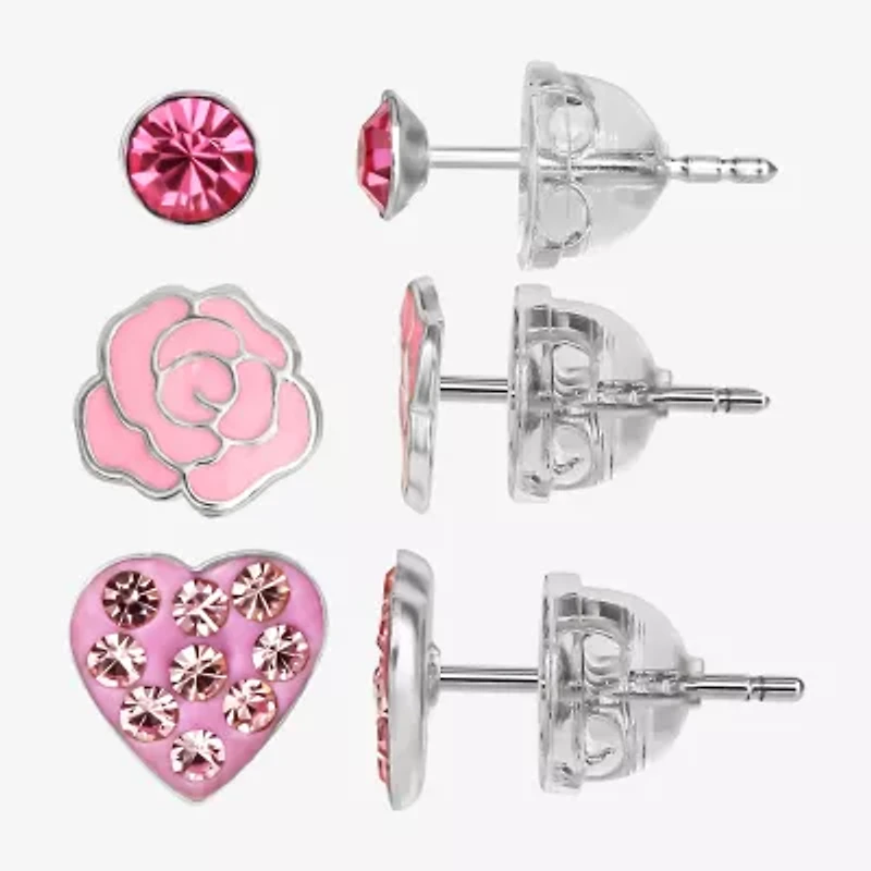 Girls Pink Crystal Sterling Silver Flower Heart Round 3 Pair Earring Set