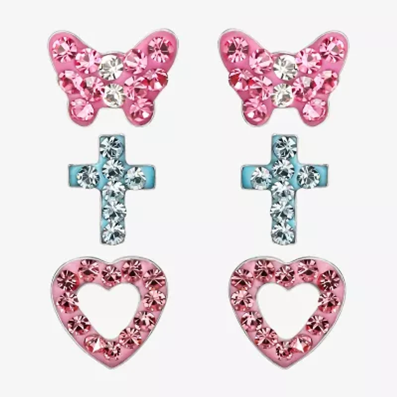 Girls Multi Color Crystal Sterling Silver Heart 3 Pair Earring Set