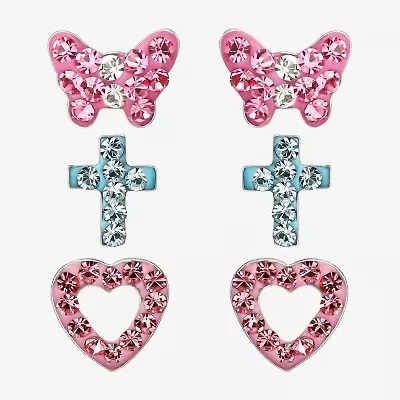 Girls Multi Color Crystal Sterling Silver Heart 3 Pair Earring Set