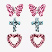 Girls Multi Color Crystal Sterling Silver Heart 3 Pair Earring Set