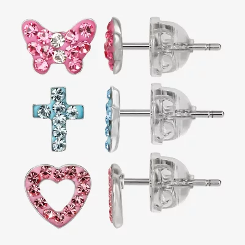Girls Multi Color Crystal Sterling Silver Heart 3 Pair Earring Set