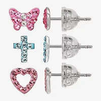 Girls Multi Color Crystal Sterling Silver Heart 3 Pair Earring Set