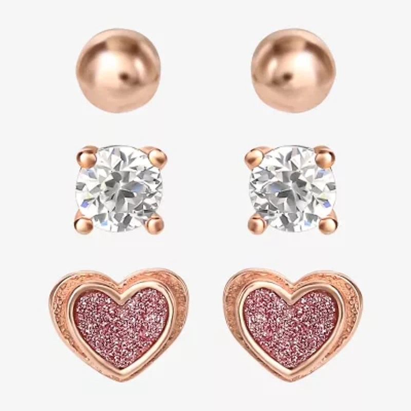 Girls Cubic Zirconia 14K Gold Over Silver Heart 3 Pair Earring Set