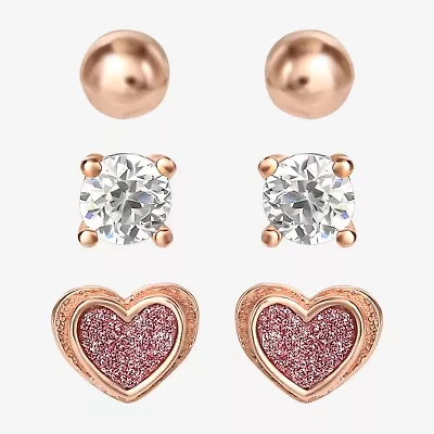 Girls Cubic Zirconia 14K Gold Over Silver Heart 3 Pair Earring Set