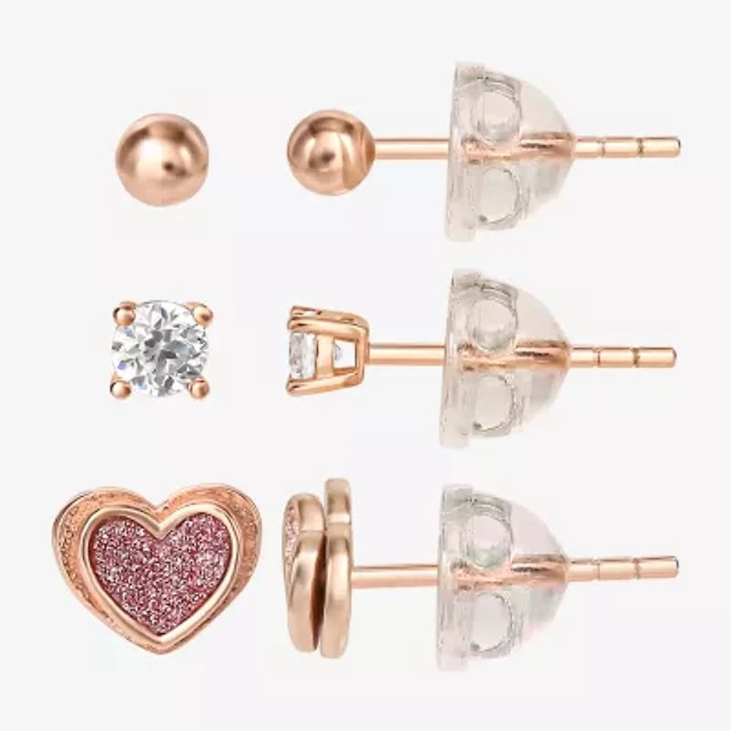 Girls Cubic Zirconia 14K Gold Over Silver Heart 3 Pair Earring Set