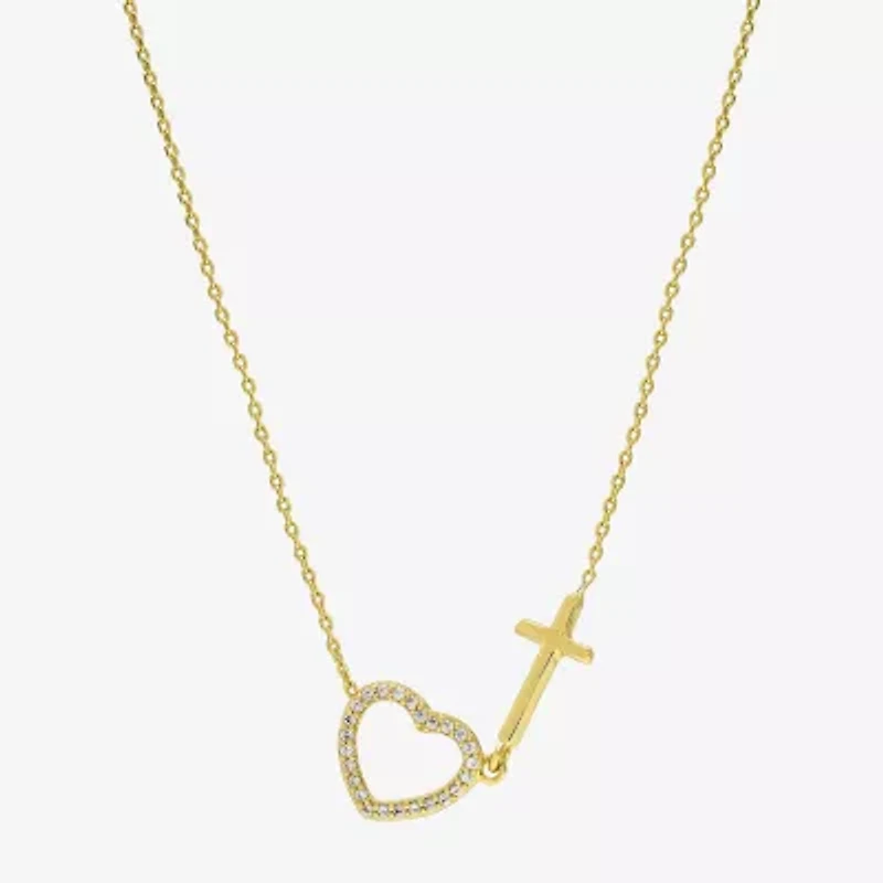 Sparkle Allure Womens Cubic Zirconia 14K Gold Over Brass Cross Heart 16 Inch Pendant Necklace