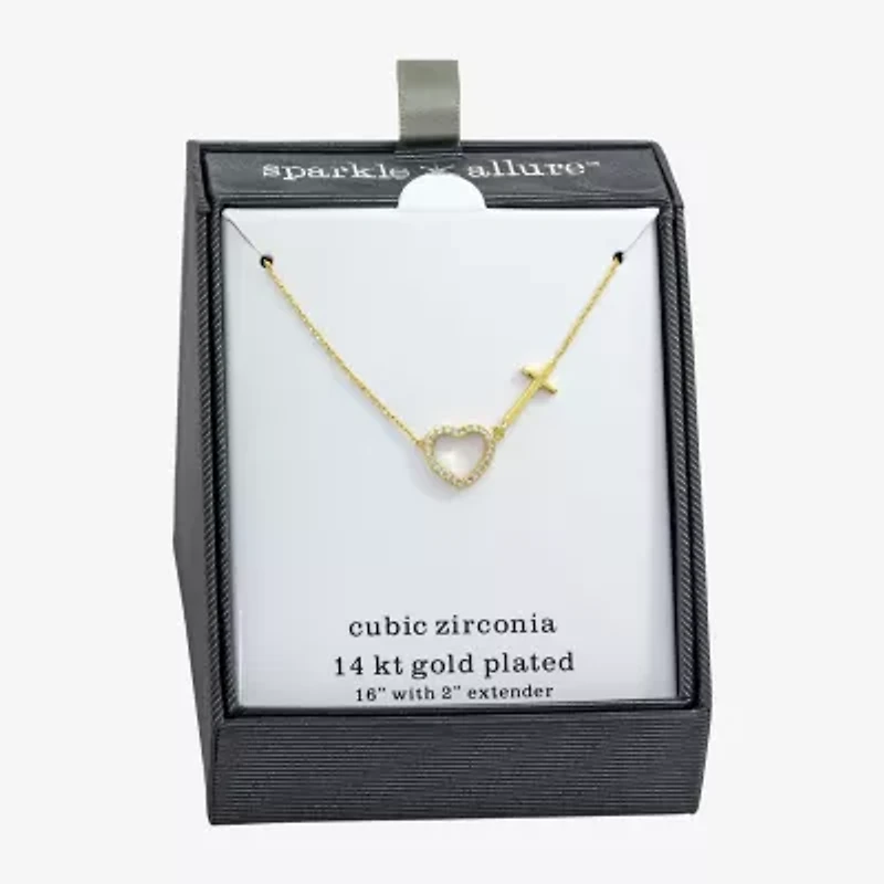 Sparkle Allure Womens Cubic Zirconia 14K Gold Over Brass Cross Heart 16 Inch Pendant Necklace