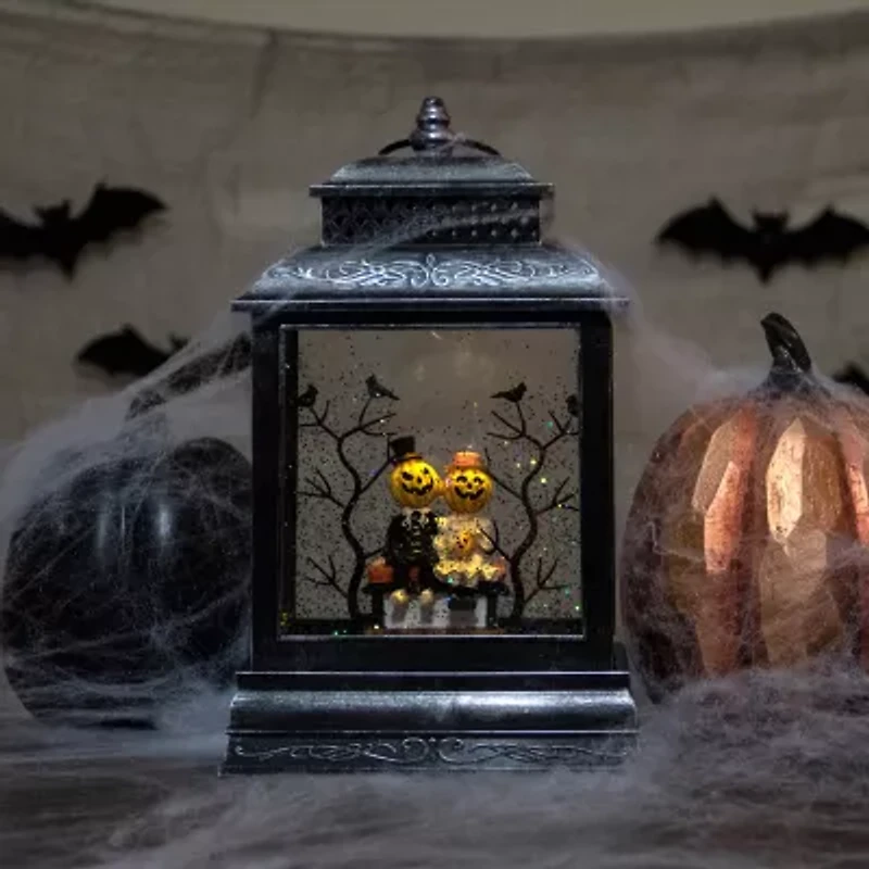 11.5''Lighted Black Halloween Snow Globe Lantern with Pumpkin Couple