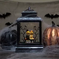 11.5''Lighted Black Halloween Snow Globe Lantern with Pumpkin Couple