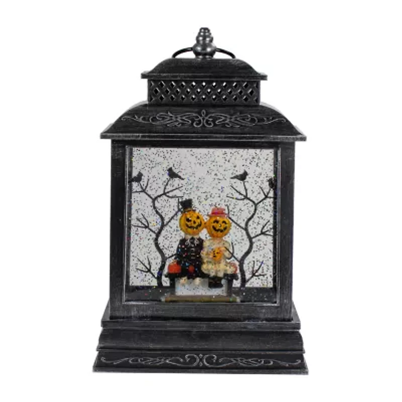 11.5''Lighted Black Halloween Snow Globe Lantern with Pumpkin Couple