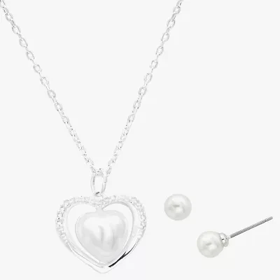 Sparkle Allure Womens Simulated Pearl Pure Silver Over Brass Heart 2-pc. Jewelry Set