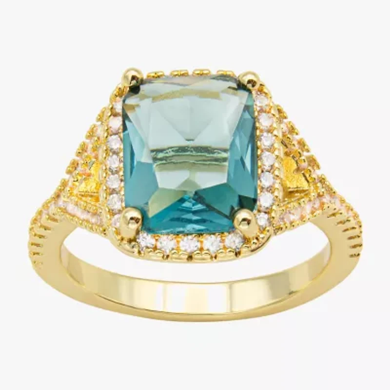 Sparkle Allure Womens Crystal 14K Gold Over Brass Rectangular Halo Cocktail Ring