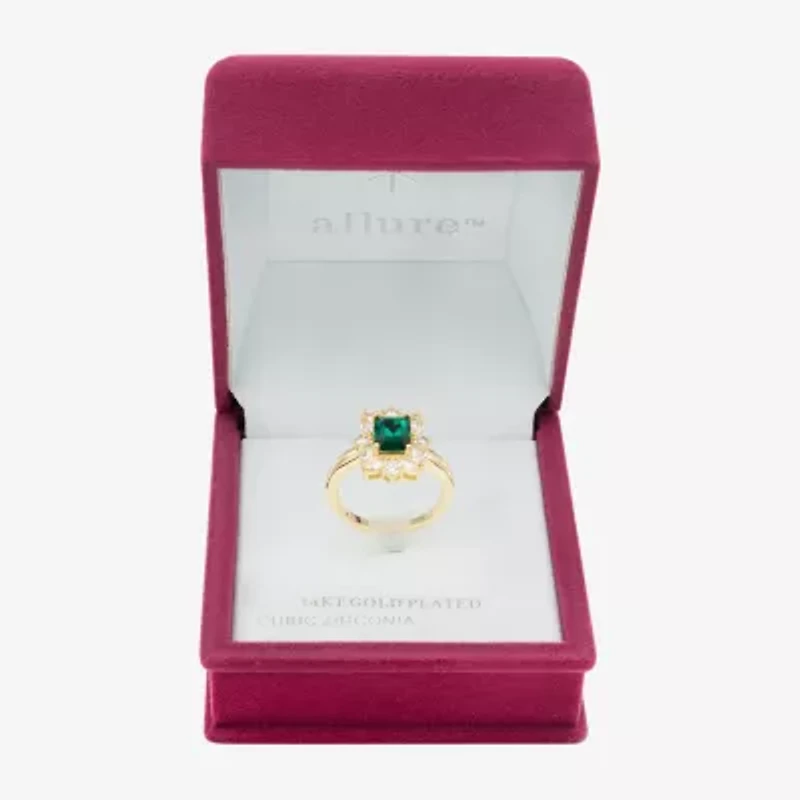 Sparkle Allure Womens Green Crystal 14K Gold Over Brass Rectangular Halo Cocktail Ring