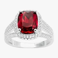 Sparkle Allure Split Shank Womens Red Crystal Pure Silver Over Brass Rectangular Halo Cocktail Ring