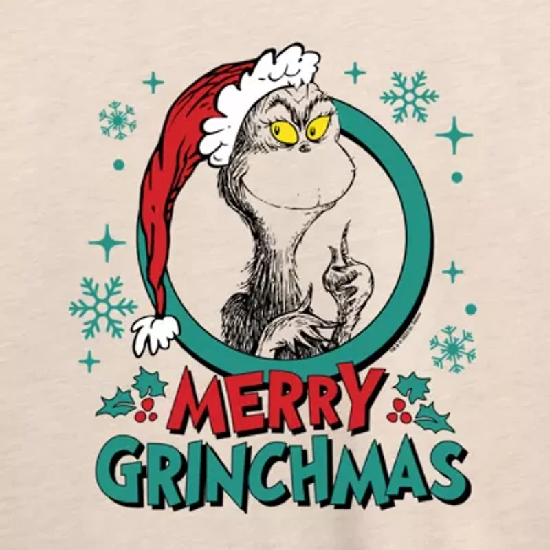 Womens Boat Neck Long Sleeve Regular Fit Grinch Graphic T-Shirt