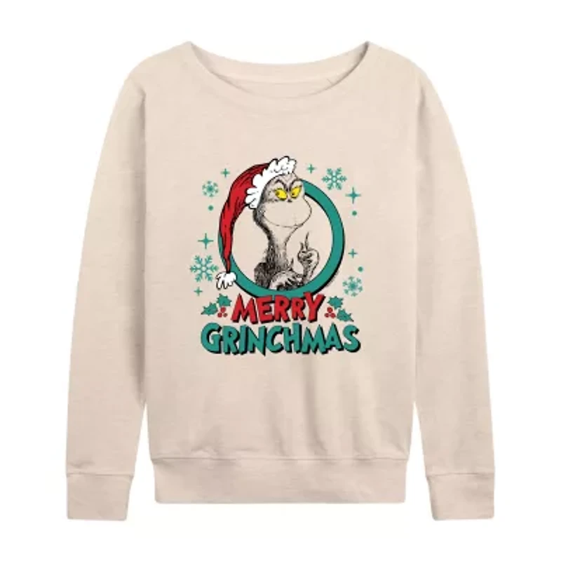 Womens Boat Neck Long Sleeve Regular Fit Grinch Graphic T-Shirt