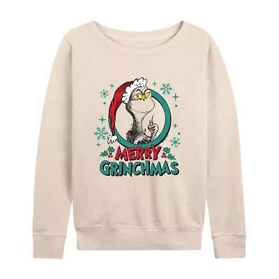 Womens Boat Neck Long Sleeve Regular Fit Grinch Graphic T-Shirt