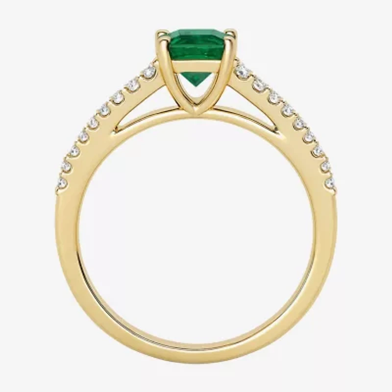 (I-J/I2-I3) Womens 1/5 CT. Genuine Green Emerald 10K Gold Side Stone Cocktail Ring