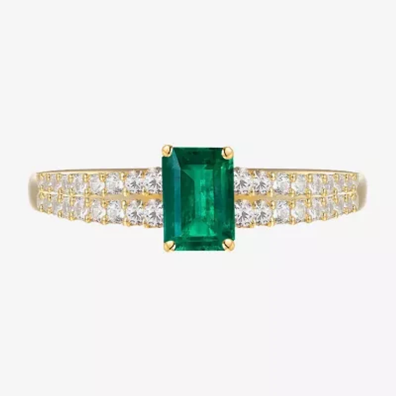 (I-J/I2-I3) Womens 1/5 CT. Genuine Green Emerald 10K Gold Side Stone Cocktail Ring