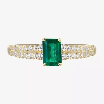(I-J/I2-I3) Womens 1/5 CT. Genuine Green Emerald 10K Gold Side Stone Cocktail Ring