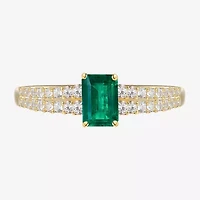 (I-J/I2-I3) Womens 1/5 CT. Genuine Green Emerald 10K Gold Side Stone Cocktail Ring
