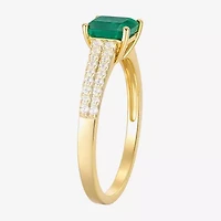 (I-J/I2-I3) Womens 1/5 CT. Genuine Green Emerald 10K Gold Side Stone Cocktail Ring