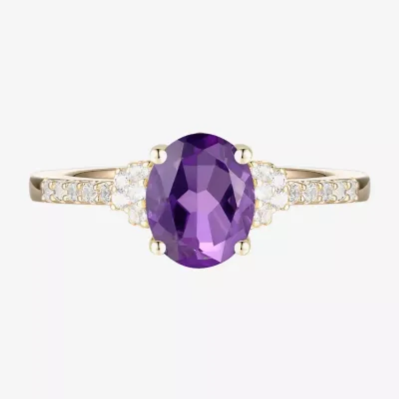 (J-K/I2-I3) Womens 1/6 CT. T.W. Natural Diamond and Gemstone 10K Gold Oval Side Stone Cocktail Ring