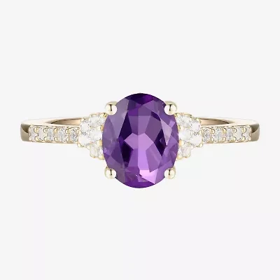 (J-K/I2-I3) Womens 1/6 CT. T.W. Natural Diamond and Gemstone 10K Gold Oval Side Stone Cocktail Ring