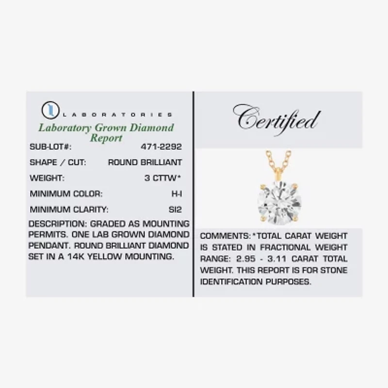 Womens 3 CT. T.W. Lab Grown White Diamond 14K Gold Round Pendant