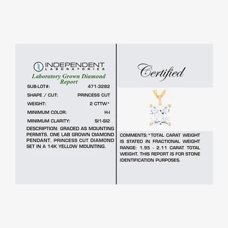 ( H-I/Si1-Si2 ) 2 CT. Lab-Grown Diamond 14K Gold Princess 18 Inch Pendant Necklace