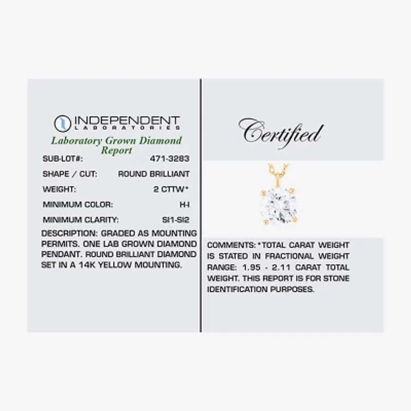 ( H-I/Si1-Si2 ) 2 CT. Lab-Grown Diamond 14K Gold Round 18 Inch Pendant Necklace