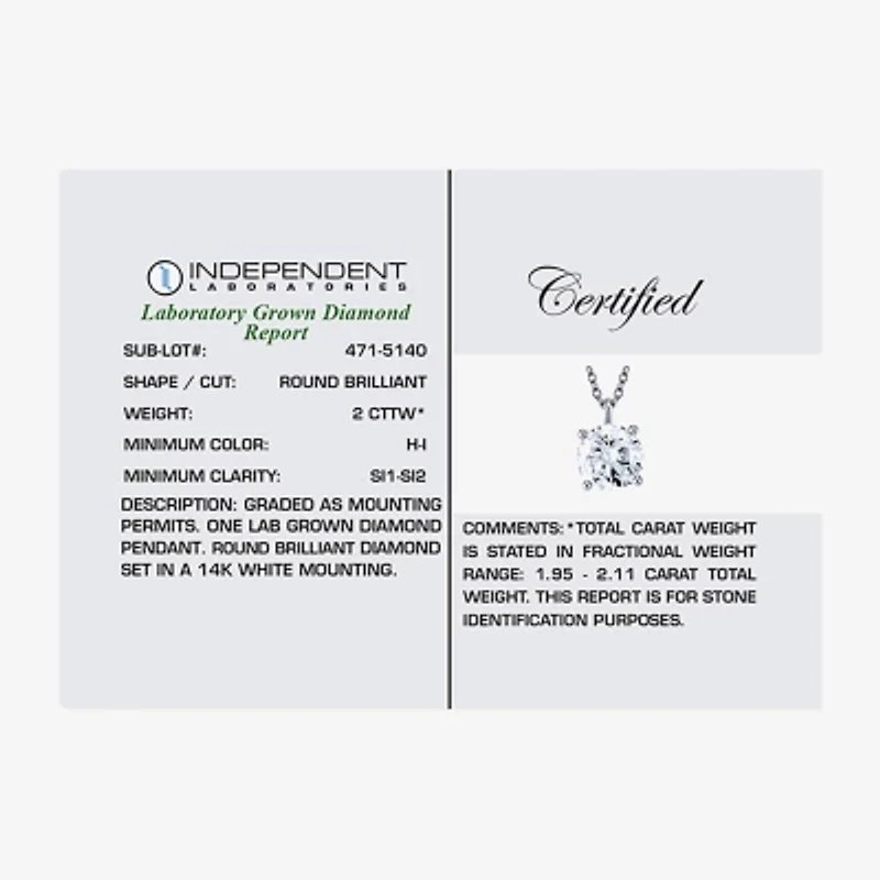( H-I/Si1-Si2 ) 2 CT. Lab-Grown Diamond 14K Gold Round 18 Inch Pendant Necklace