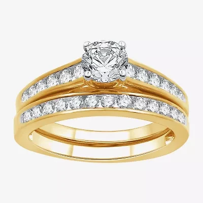 (H-I/I1) Womens 1 CT. T.W. Lab Grown White Diamond 14K Gold Over Silver Side Stone Bridal Set