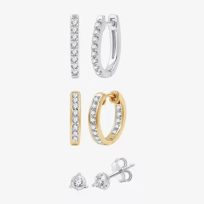 (G, Si1-Si2) Womens 1 CT. T.W. Lab Grown White Diamond 14K Gold Over Silver Sterling Silver 3 Pair Earring Set