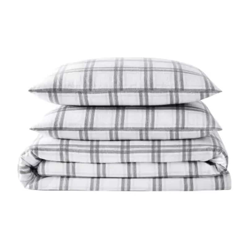 London Fog Grey Plaid Flannel Duvet Cover Set