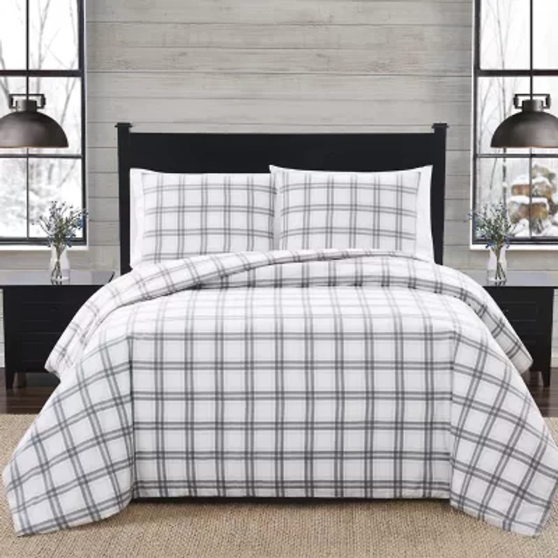 London Fog Grey Plaid Flannel Duvet Cover Set